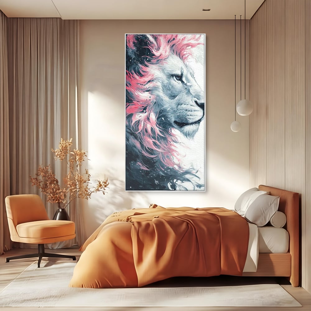 Tablou canvas cu tablou canvas cu leu in profil, in rama de aluminiu argintiu, pe perete intr-un dormitor